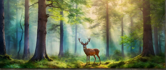 Photo real as Woodland Wonder An enchanting forest filled with watercolor wildlife. in nature and landscapes theme ,for advertisement and banner ,Full depth of field, high quality ,include copy space 