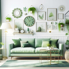 Green sofa and decor wall frame in living room white background - Generative AI