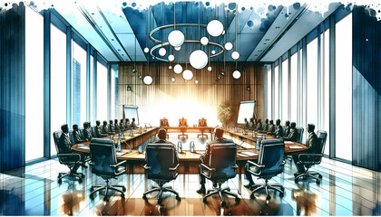 for advertisement and banner as Boardroom Brilliance The strategic brilliance of a boardroom captured in watercolor. in watercolor office room theme ,Full depth of field, high quality ,include copy sp - obrazy, fototapety, plakaty