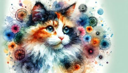 for advertisement and banner as Calico Canvas A calico cat colorful fur patterns in a watercolor masterpiece. in watercolor pet theme theme ,Full depth of field, high quality ,include copy space on le