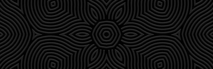 Banner. Embossed geometric abstract linear floral 3D pattern on a black background. Ornamental cover design, art deco style. Vintage ethnic motifs of the East, Asia, India, Mexico, Aztec, Peru.