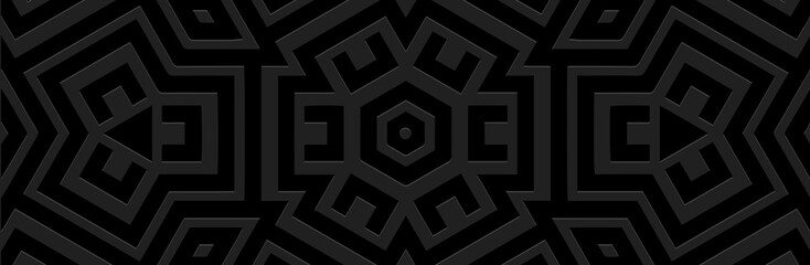 Banner. Relief geometric abstract 3D pattern on a black background. Ornamental cover design, Greek meander style. Vintage ethnic motifs of the East, Asia, India, Mexico, Aztec, Peru.