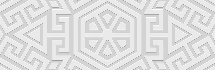 Banner. Relief geometric decorative 3D pattern on a white background. Ornamental cover design, Greek meander style. Vintage ethnic motifs of the East, Asia, India, Mexico, Aztec, Peru.