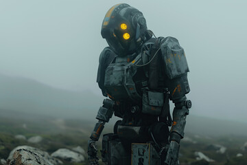 Sad combat robot warrior in field in fog in devastated apocalyptic world of the future