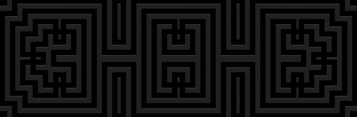 Banner. Relief geometric original 3D pattern on a black background. Ornamental cover design, Greek meander style. Vintage ethnic motifs of the East, Asia, India, Mexico, Aztec, Peru.