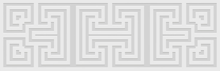 Banner. Relief geometric elegant 3D pattern on a white background. Ornamental cover design, Greek meander style. Vintage ethnic motifs of the East, Asia, India, Mexico, Aztec, Peru.
