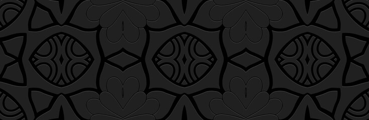 Banner. Relief geometric floral magic 3D pattern on a black background. Ornamental cover design, minimalist boho style, handmade. Ethnicity of the East, Asia, India, Mexico, Aztec, Peru.