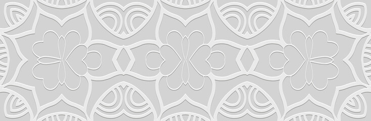 Banner. Embossed geometric floral fantasy 3D pattern on a white background. Ornamental cover design, minimalist boho style, handmade. Ethnicity of the East, Asia, India, Mexico, Aztec, Peru.
