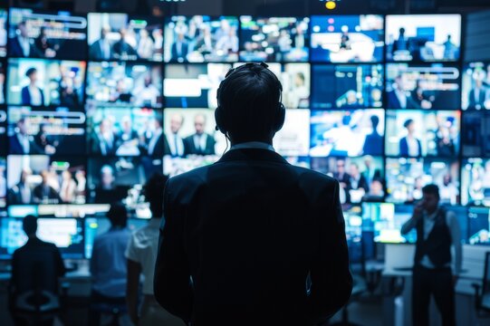 In the middle of a bustling newsroom Capture the intensity of a live digital broadcast