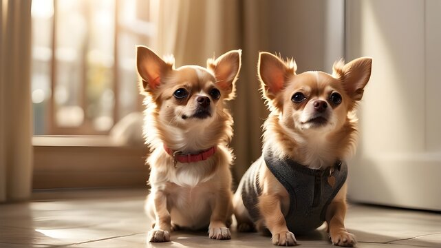 "A cheerful Chihuahua eagerly waits by the door, its tail wagging with excitement. The small dog is depicted with glossy fur, expressive eyes, and perky ears. Sunlight streams in through the nearby wi