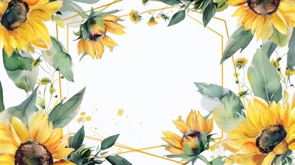 Sunflower wreath within an octagonal frame, watercolor, bright simple background, - obrazy, fototapety, plakaty