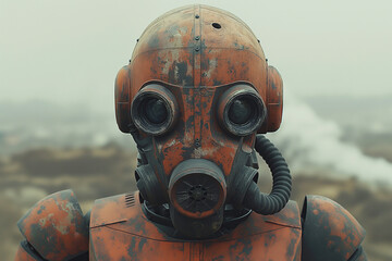 face of combat robot warrior in field in fog in devastated apocalyptic futuristic world - obrazy, fototapety, plakaty