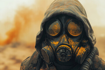 surviving male warrior in gas mask in desert in post-apocalyptic world of future after apocalypse of nuclear war