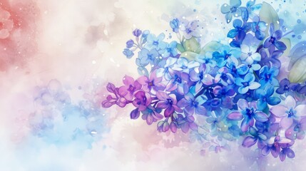 Watercolor bouquet of forget-me-nots and lilacs on a bright, uncomplicated background, - obrazy, fototapety, plakaty