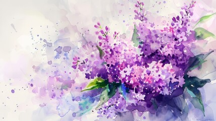 Watercolor bouquet of lilacs and lilies on a bright, uncomplicated background, - obrazy, fototapety, plakaty