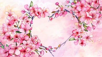 Watercolor cherry blossom wreath in a heart frame, isolated on bright backdrop,