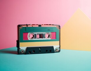 Fototapeta premium Vintage music cassettes, on a pastel pink and blue background. Isolated, Retro style, 70-80s. for dance or party, poster, flyer, print, cover