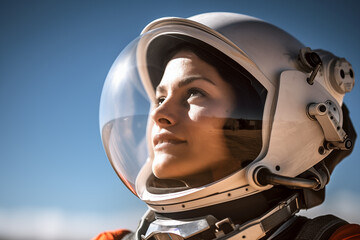 Awe-Inspiring Female Astronaut looking away through futuristic space helmet during sunny day. Space Exploration. Generative AI