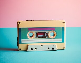 Vintage music cassettes, on a pastel pink and blue background. Isolated, Retro style, 70-80s. for dance or party, poster, flyer, print, cover