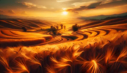 Poster Braun for advertisement and banner as Golden Fields Depict the warmth and richness of landscapes bathed in golden hues. in Fresh Landscape theme ,Full depth of field, high quality ,include copy space on lef