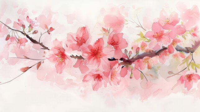 Watercolor cherry blossom branch, soft pink, bright simple background,