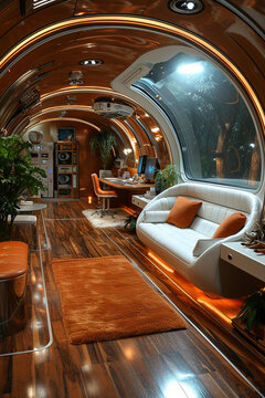A study space with rounded edges, multilayer veneer panels, orange objects, odd multimedia, and Terada Katsuya
