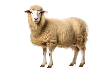 Majestic Sheep Gracefully Stands on Pure White Canvas. White or PNG Transparent Background.