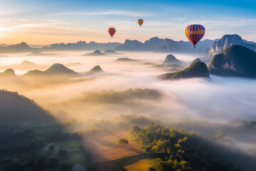 Hot Air Balloons Over Misty Mountains. Generative AI