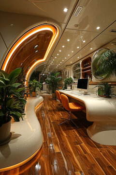A study space with rounded edges, multilayer veneer panels, orange objects, odd multimedia, and Terada Katsuya