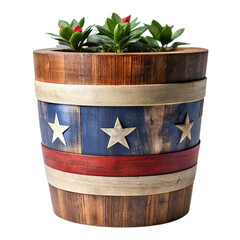 Wooden planter with American flag on transparent background.