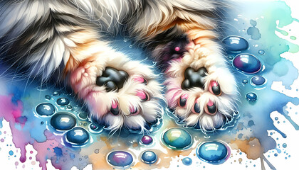 for advertisement and banner as Persian Paws A Persian cat fluffy paws dipped in watercolor puddles. in watercolor pet theme theme ,Full depth of field, high quality ,include copy space on left, No no