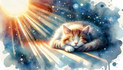 for advertisement and banner as Purrfect Nap A cozy cat curled up in a watercolor drenched sunbeam. in watercolor pet theme theme ,Full depth of field, high quality ,include copy space on left, No noi