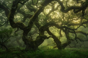 Enchanted Forest in Ethereal Morning Mist. 