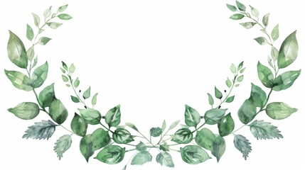 Watercolor fern and ivy wreath in a crescent frame, simple bright background, - obrazy, fototapety, plakaty