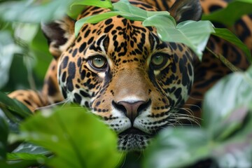Jaguar Peering Through Foliage in the Jungle. 