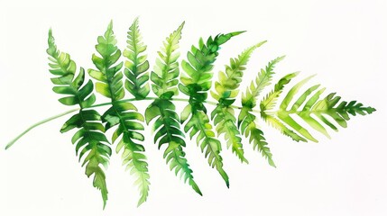 Watercolor fern frond, green and lush, bright simple backdrop,