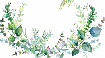 Watercolor fern and ivy wreath in a crescent frame, simple bright background,