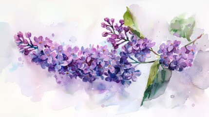 Watercolor lilac branch, fragrant blooms, bright simple background,