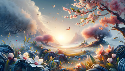 for advertisement and banner as Spring Awakening Illustrate the rebirth of nature with blooming flora. in Global Business  theme ,Full depth of field, high quality ,include copy space on left, No nois