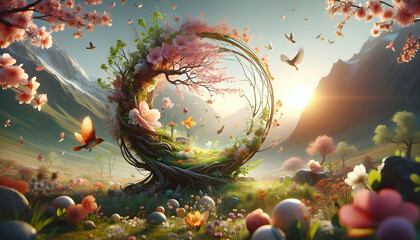 for advertisement and banner as Spring Awakening Illustrate the rebirth of nature with blooming flora. in Global Business  theme ,Full depth of field, high quality ,include copy space on left, No nois - obrazy, fototapety, plakaty
