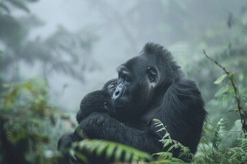Naklejka premium Gentle Embrace of a Gorilla Mother and Child in Mist. 