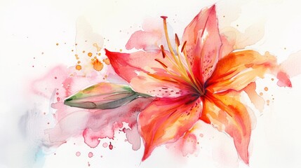 Watercolor lily, open petals, isolated on bright background,