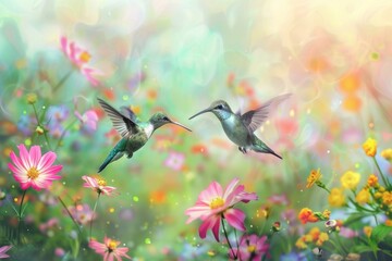 Two Hummingbirds Mid-Flight Amongst Colorful Flowers. 