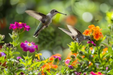 Two Hummingbirds Hovering Over Colorful Flowers. 