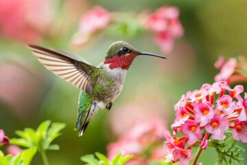 Fototapeta premium Ruby-Throated Hummingbird Among Pink Flowers. 
