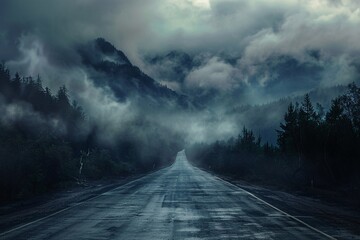 a road with trees and fog - obrazy, fototapety, plakaty