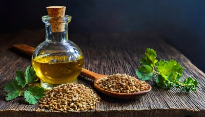 coriander seeds and oil in a glass bottle on a wooden table