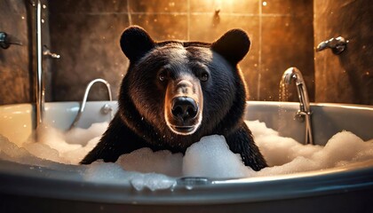 Black bear taking a bath in the bathtub with foam and water
