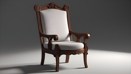 Comfortable armchair on a grey background. Wooden arm hand