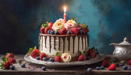Birthday cake with fresh berries and a lit candle on a blue background